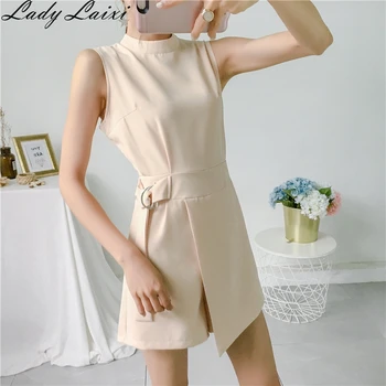 

2020 Summer Elegant Belted Slim Playsuits Women Short Jumpsuit Stand Collar Sleeveless High waist Irregular Romper Overalls