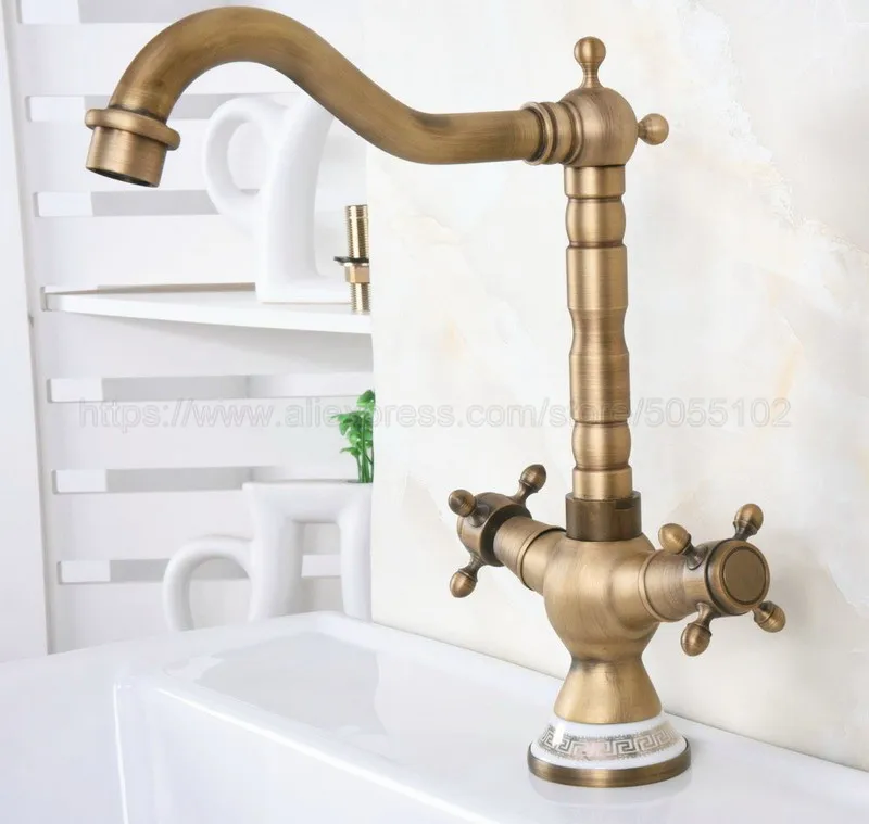 Antique Brass Bathroom Sink Faucet Basin Mixer Tap Double Cross Head Handle Hot and Cold Water Mixer Tap znf603