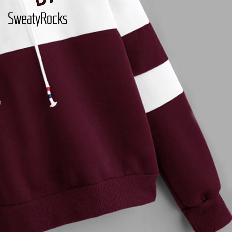 SweatyRocks Athleisure, цветная Толстовка на шнурке с буквенным принтом, пуловер с длинным рукавом, топы, осенние женские повседневные толстовки