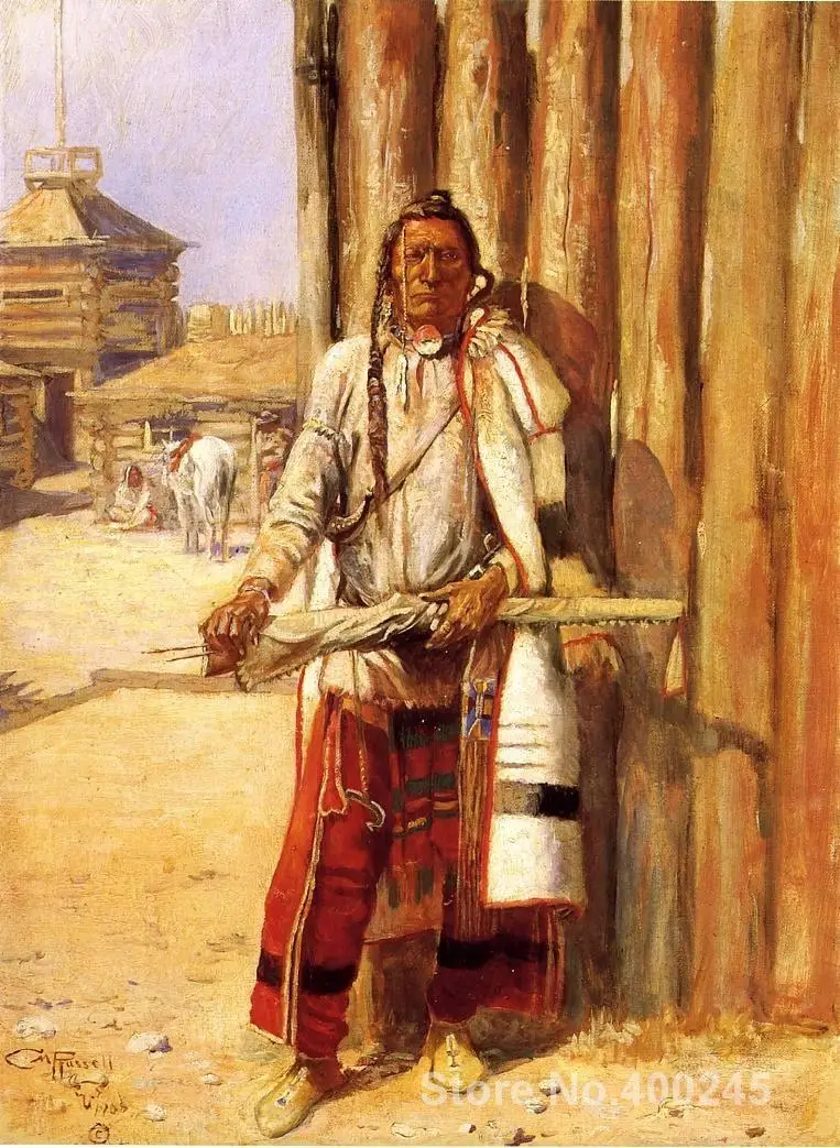 oil Painting Indians Buffalo Coat Charles Marion Russell Hand painted