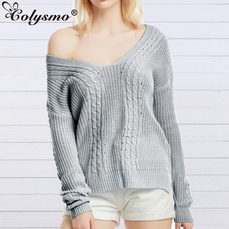 Colysmo Sexy Shrugs Lady's Sweater Women Pullover Knitted V-Neck Jumper Long Sleeves Tops Knitwear Solid Sweater Long Fashion
