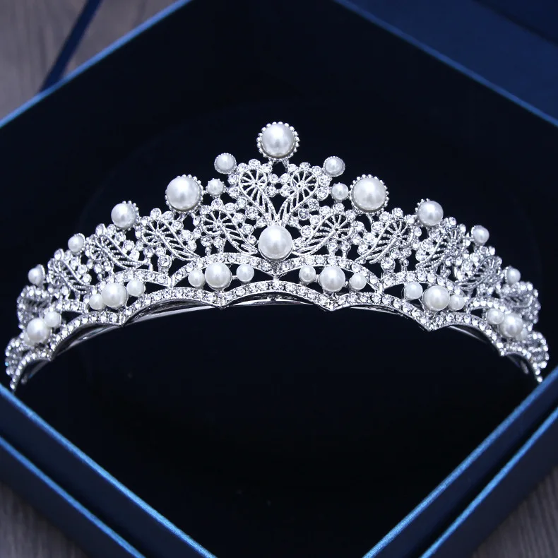  Vintage Baroque Silver Crystal Tiara Rhinestone Hair Ornaments Bridal Head Jewelry Princess Pearl W