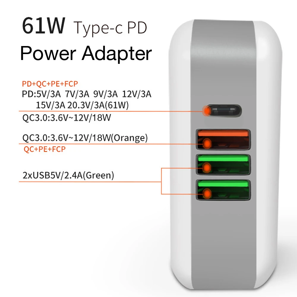 Новейший TYPE-C USB C адаптер питания PD 61W QC3.0 18W зарядное устройство для iPhone Android(стандартный кабель для USB-C