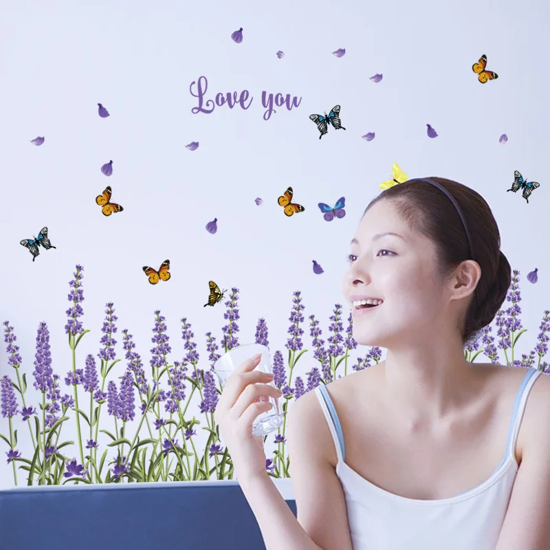 

Wall Stickers Lavender Flowers Butterfly Entrance Stickers for Bathroom Bedroom Living Room Wall Sticker Home Decor Peel Sticker