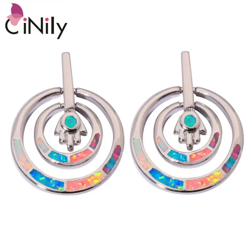 

CiNily Created White Blue Pink Rainbow Fire opal Silver Plated Wholesale New Style for Women Jewelry Stud Earrings 7/8" OH4135