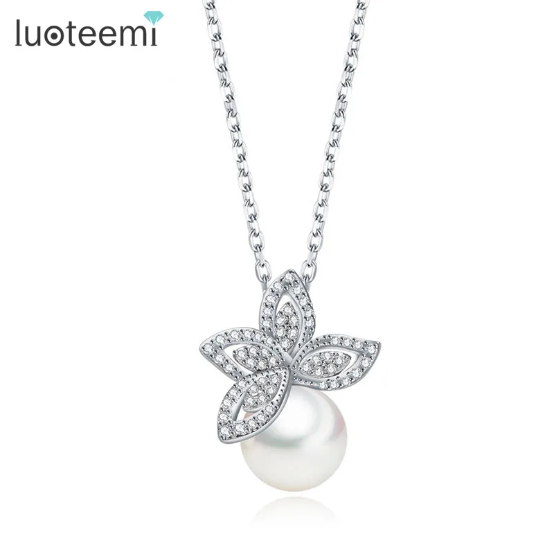 LUOTEEMI Fashion Simple Design Trendy Romantic Imitation Shell Pearl With Zircon Stone Leaf font b Pendant