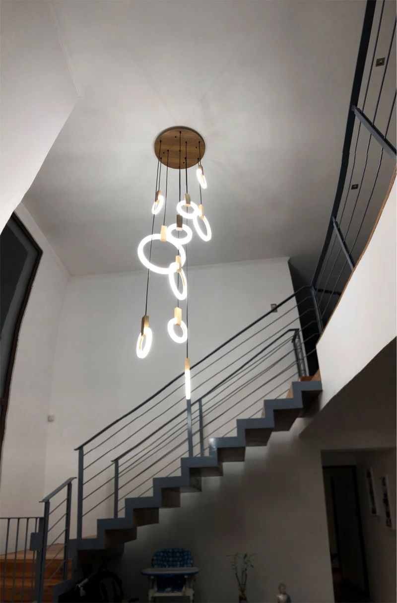 Long Staircase Light Wood Hanging Lamp Kitchen Nordic Pendant Lights Decoration Hanging Lights for Dining Room Stairwell Lamps