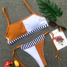 Women Bandeau Patchwork Striped Brazilian Bikinis Set