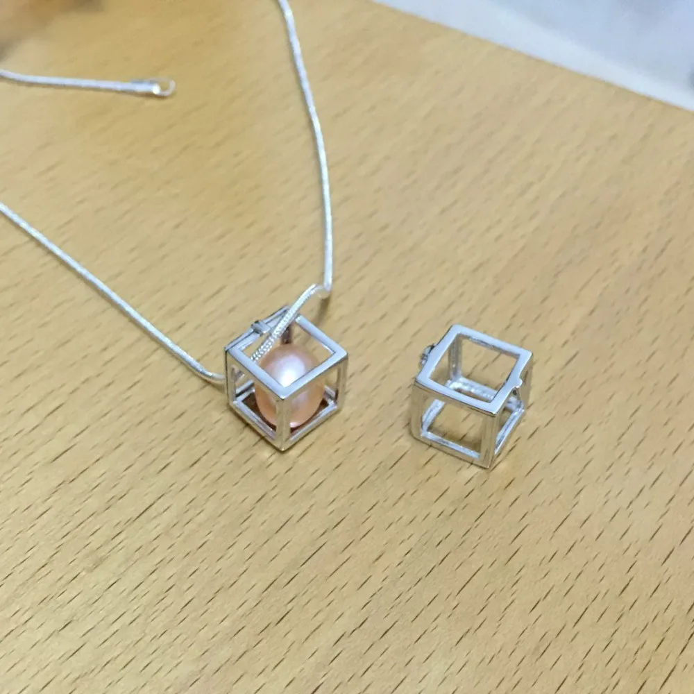 925 Sterling Silver Cute Hollow-out Cube shape Cage Pendant, Hollow Square Box style Can Hold Pearl Gem Locket Pendant Mounting 2