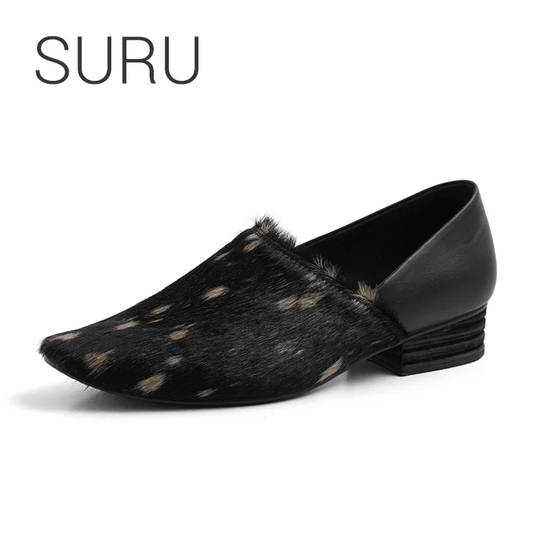 

SURU Women Horsehair Low Heel Pumps Square Toe Slip-on Shoes