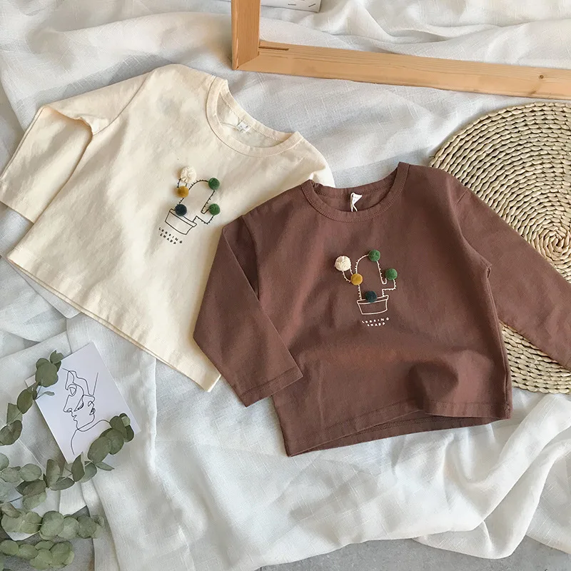 

2018 Autumn Girls Cotton Long-sleeved T-shirt Children Princess Pom Pom Cactus T-shirt Baby Boys Lovely Shirts Tops Baby Tees