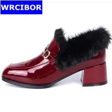 2017 Woman Pumps Patent leather Round toe High-heeled shoes Lady fashion Faux Fur Thick heels High Heels woman Single shoes