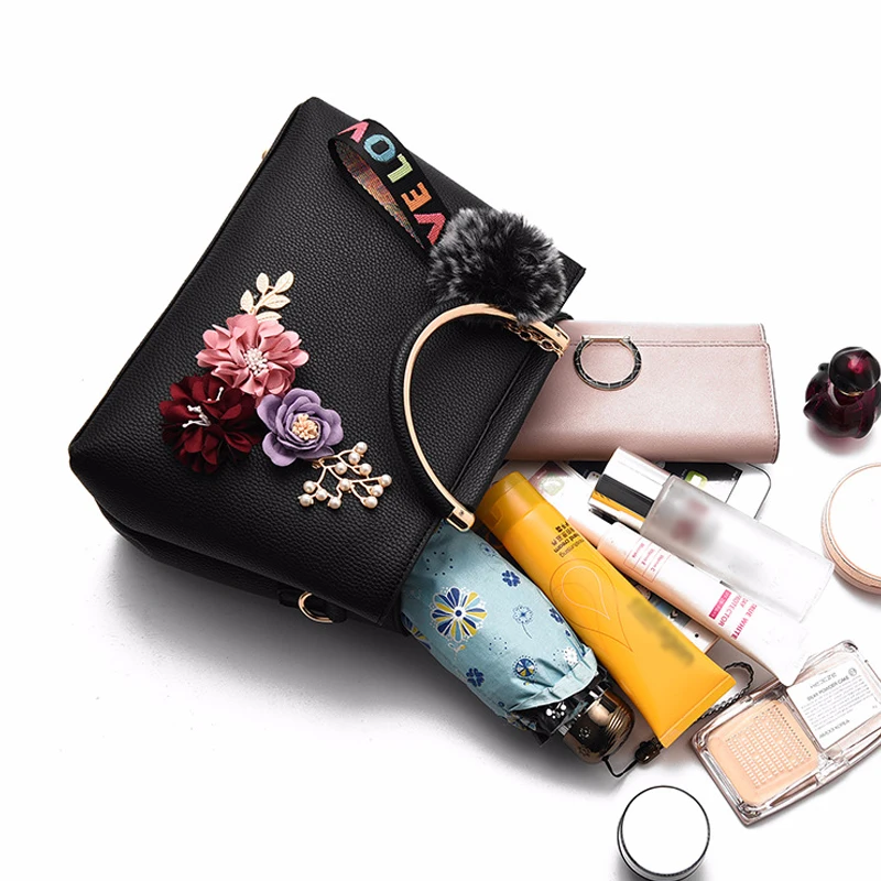 Women Bag Leather Handbag Women Shoulder Bag Tote Flowers Shell Sac A Main Femme Rivets Fur Ball Pe