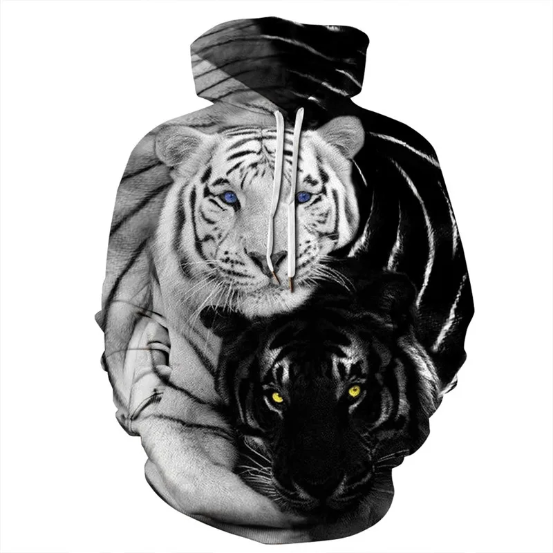 

ALMOSUN Black White Tigers Animals World 3D All Over Printed Hoodies Pockets Sweatshirt Hipster Street Wear Women Men Clothing