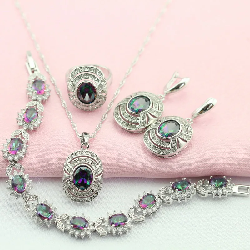 Silver Plated Jewelry Sets Romantic Rainbow Stone Multicolor For Women Drop Earrings Bracelet Collier Pendant Ring