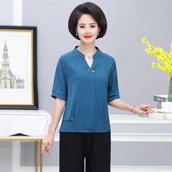 

Summer women's solid color two pieces suits with pants middle aged mother half sleeve chiffon blouse Trousers