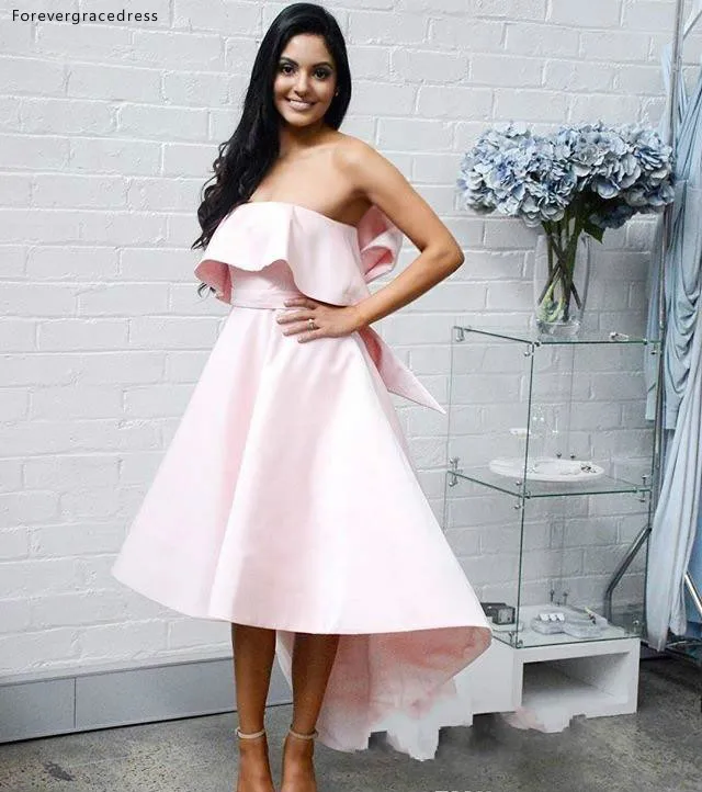 Fashion Pink Bow Backless Bridesmaid Dresses 2019 Strapless Tea-length Ruffles Maid of Honor Wedding Guest Dress 95 (10)