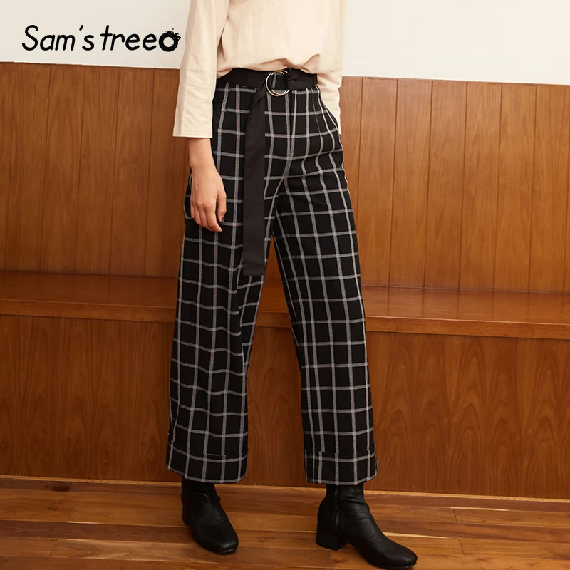Pantalones Negro Cintura Mujer Black La Otoño De Vintage Elásticos Cuadros Pierna Recta Mujeres A Las Samstree Ancha Sueltos Blanco F0Iqw6n