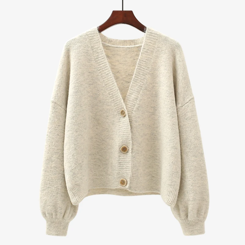 

2019 spring new Casual V-Neck Sweaters women fashion Lantern Sleeve Sweaters Solid color Loose Short knitting Cardigans women