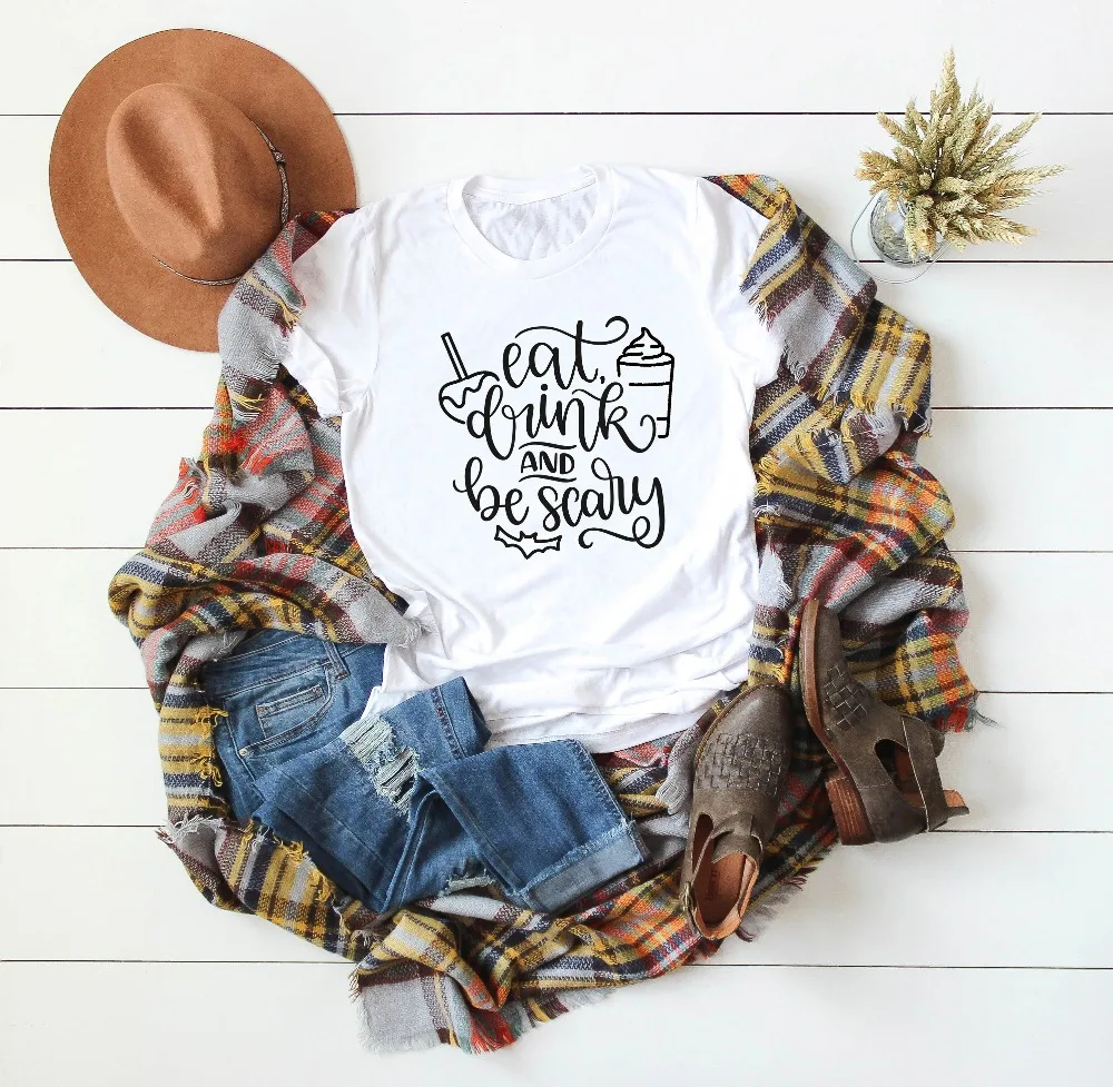 

Eat Drink and be Scary Halloween Unisex Shirt Funny graphic Candy Apple Shirt Pumpkin Spice aesthetic t-shirt casual kawaii tees