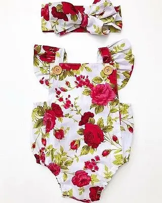 2pcs Set Newborn Baby Girls Summer Floral Rompers +headhand Baby Girls Flower Jumpsuit Clothes Outfits