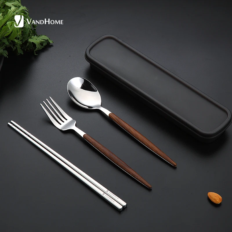 

VandHome Portable Travel Tableware Set 304 Stainless Steel Dinnerware Set Plastic Handle Fork Spoon Cutlery Kitchen Dinner Set