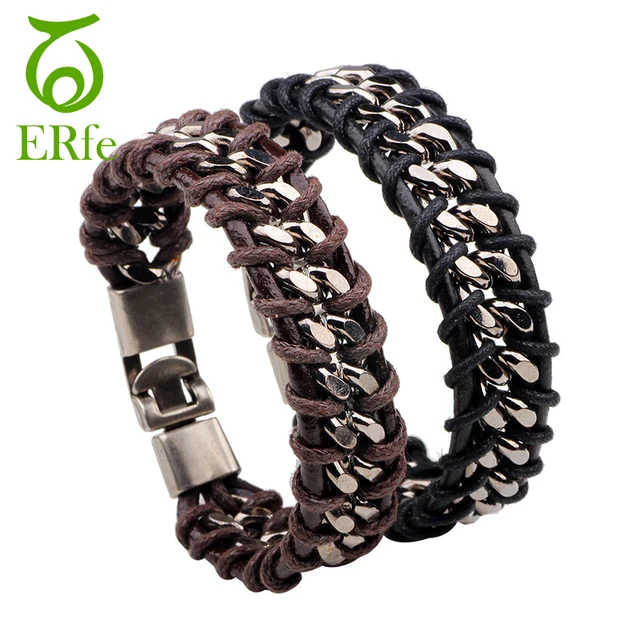 Er Men Punk Black Wax Rope Chain Bracelet Male Rock Stainless Steel Er Men Punk Black Wax Rope Chain Bracelet Male Rock Stainless Steel Braided Leather Braclet Hand