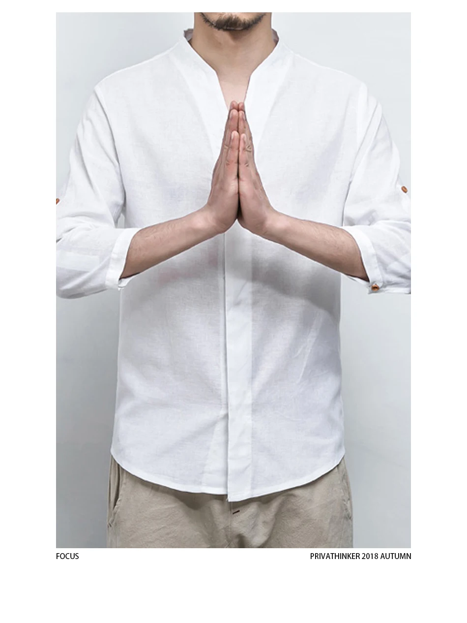 Мужская хлопковая льняная рубашка с рукавом три четверти, однотонная Китайская одежда, мужская рубашка с v-образным вырезом, большие
