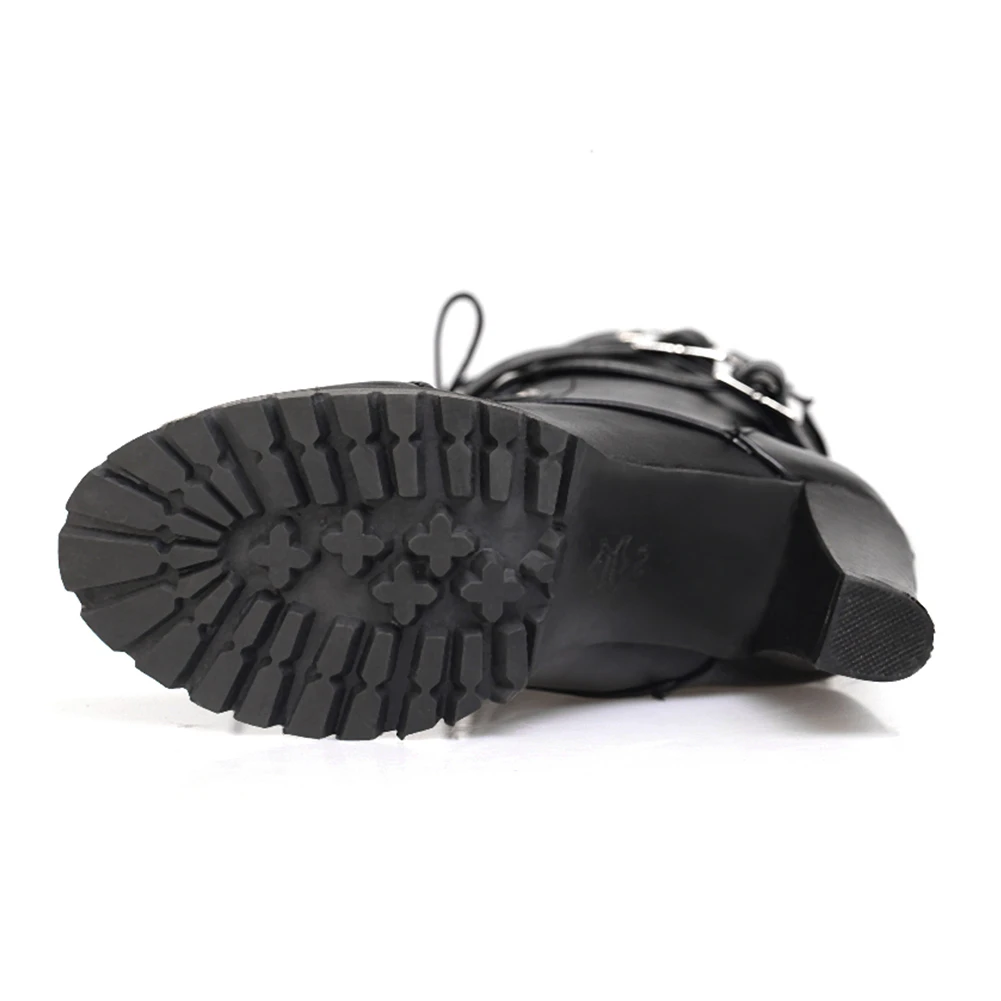 ALLENLYNN/Женские ботинки в байкерском стиле; ботинки в стиле панк с заклепками и пряжкой; женская обувь; женские осенние ботинки на высоком каблуке с пряжкой; botas; Размеры 33-48