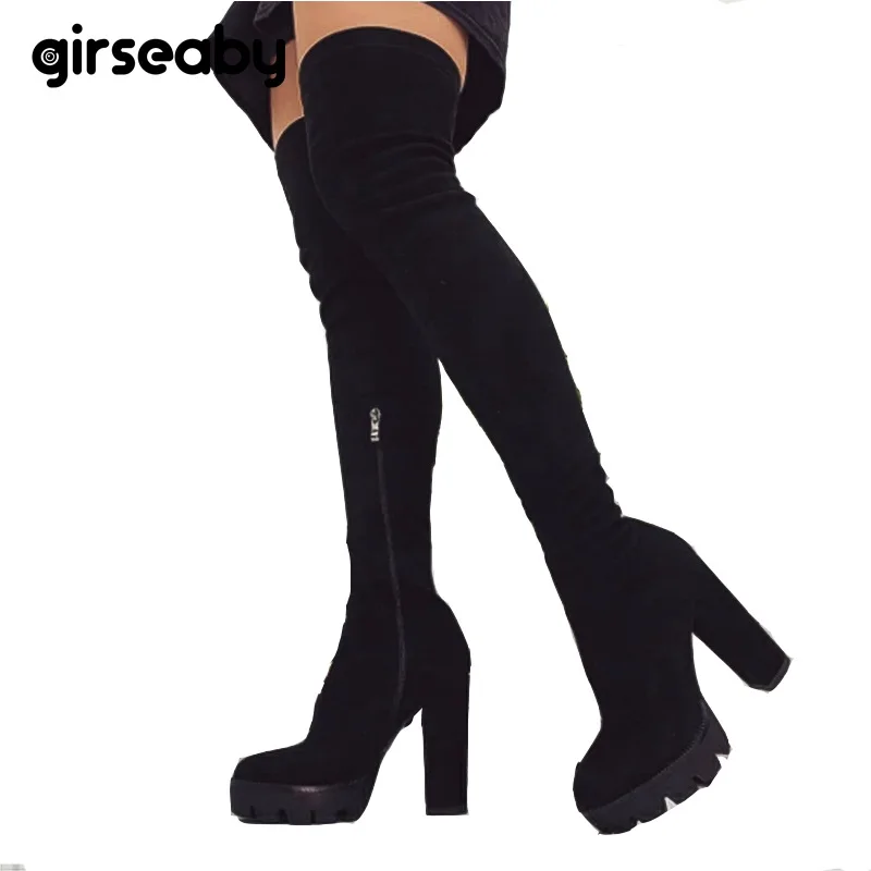 Girseaby/обувь женские сапоги выше колена сапоги круглый носок толстый высокий каблук на платформе без шнуровки кожа черная весна botas feminina E100