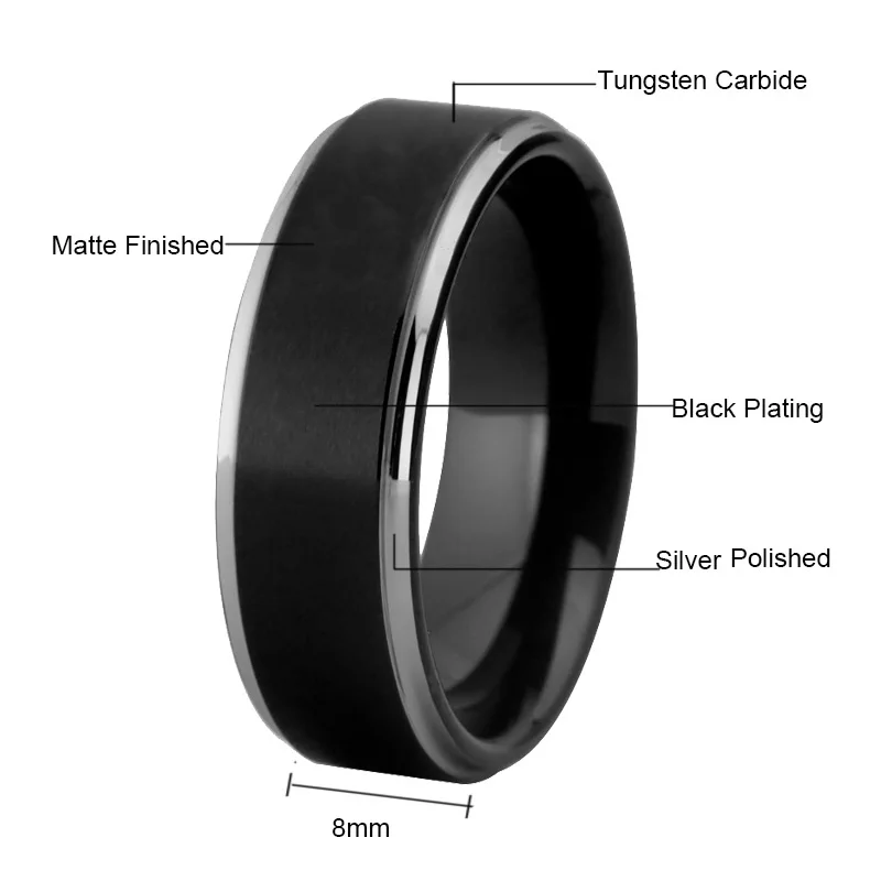  Men's Wedding Band Ring Women Fashion engagement Ring Matte Black With Silver Step Tungsten Ring 10