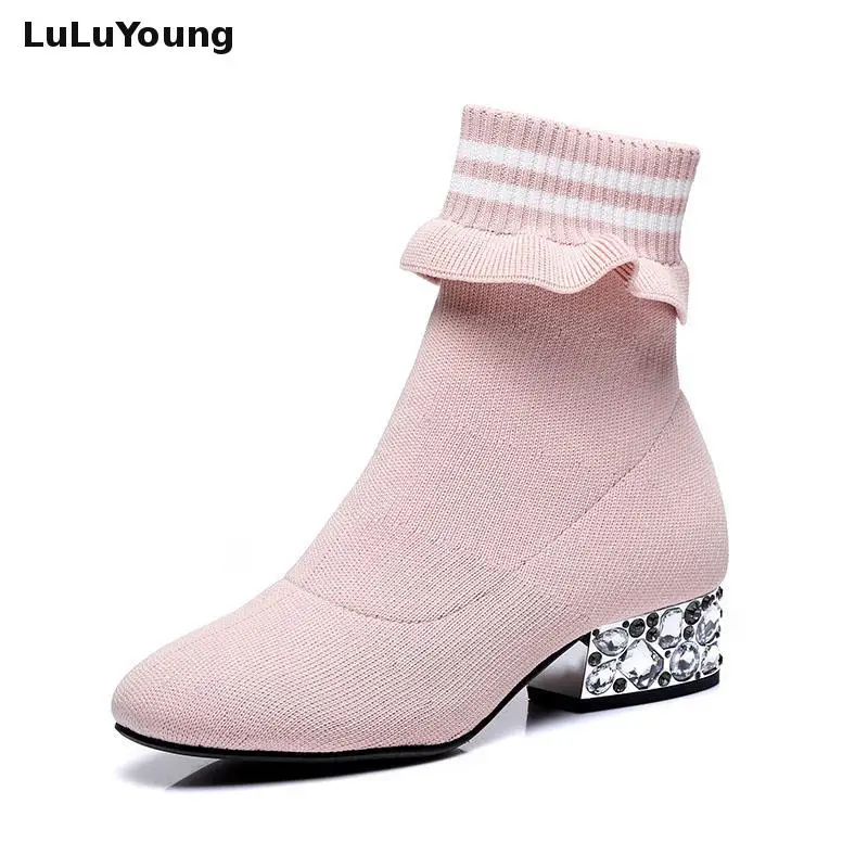 

Ruffles Block Heel Colored Socks Boots Knitted Sweater Womens Ankle Boots Medium Heel