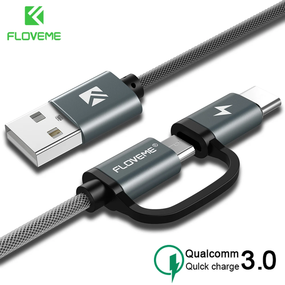  FLOVEME QC3.0 Тип usb C кабель для samsung Galaxy Note 9 S9 2.8A Micro USB кабель 2 в 1 быстрая зарядка USB C кабель для Redmi Note 7 