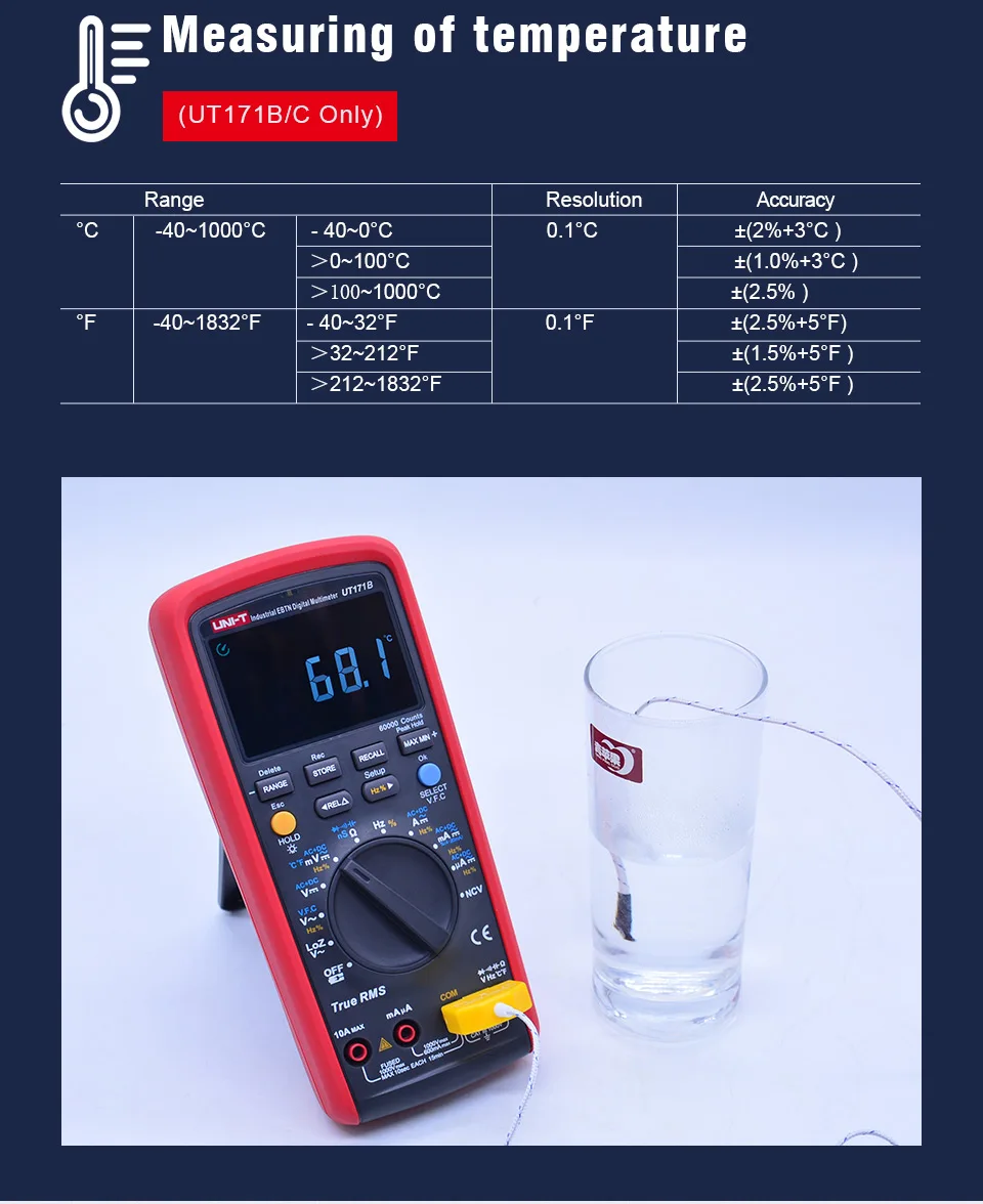 UNI-T UT171A/UT171B/UT171C промышленные истинные RMS Цифровые мультиметры; VFC измерение, USB/Bluetooth связь