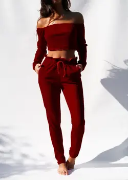 

Hirigin 2 pieces Set Hot Long Sleeve Off Shoulder Crop Tops Two Piecs Full Length Drawstring Pants Trouser Outfits Sets Clubwear