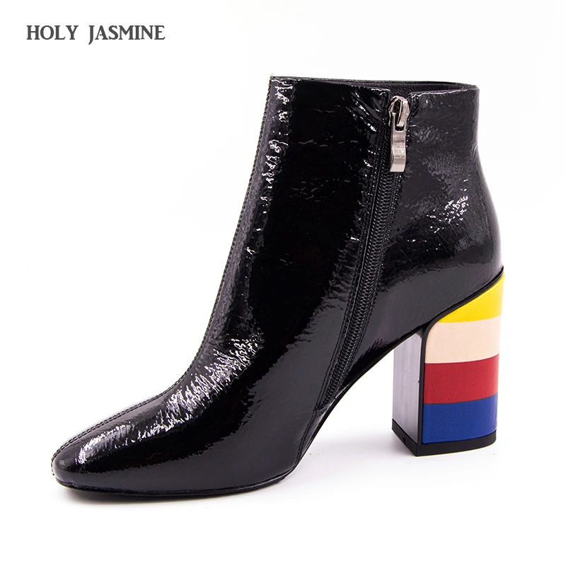 

2017 Genuine Leather Fashion Boots Women Winter Shoes Square Toe Mixed Colors Chelsea Boots Solid Black red Women Ankle Boots