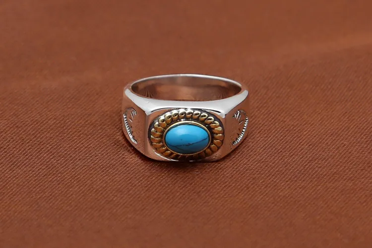 Real Pure 925 Sterling Silver Ring Men Blue Natural Stone Vintage Indian Style Cool Thick Band Mens Jewelry Free Box, 15g