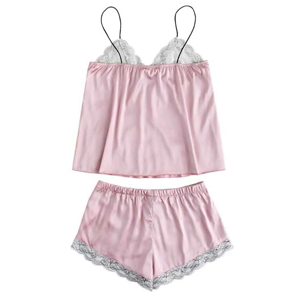 

2pcs Set Women Pajama Sets Sexy Lingerie Nightgown Vintage Lace Camisole Tank Shorts Bra Pink Lady Silk Satin Sleepwear