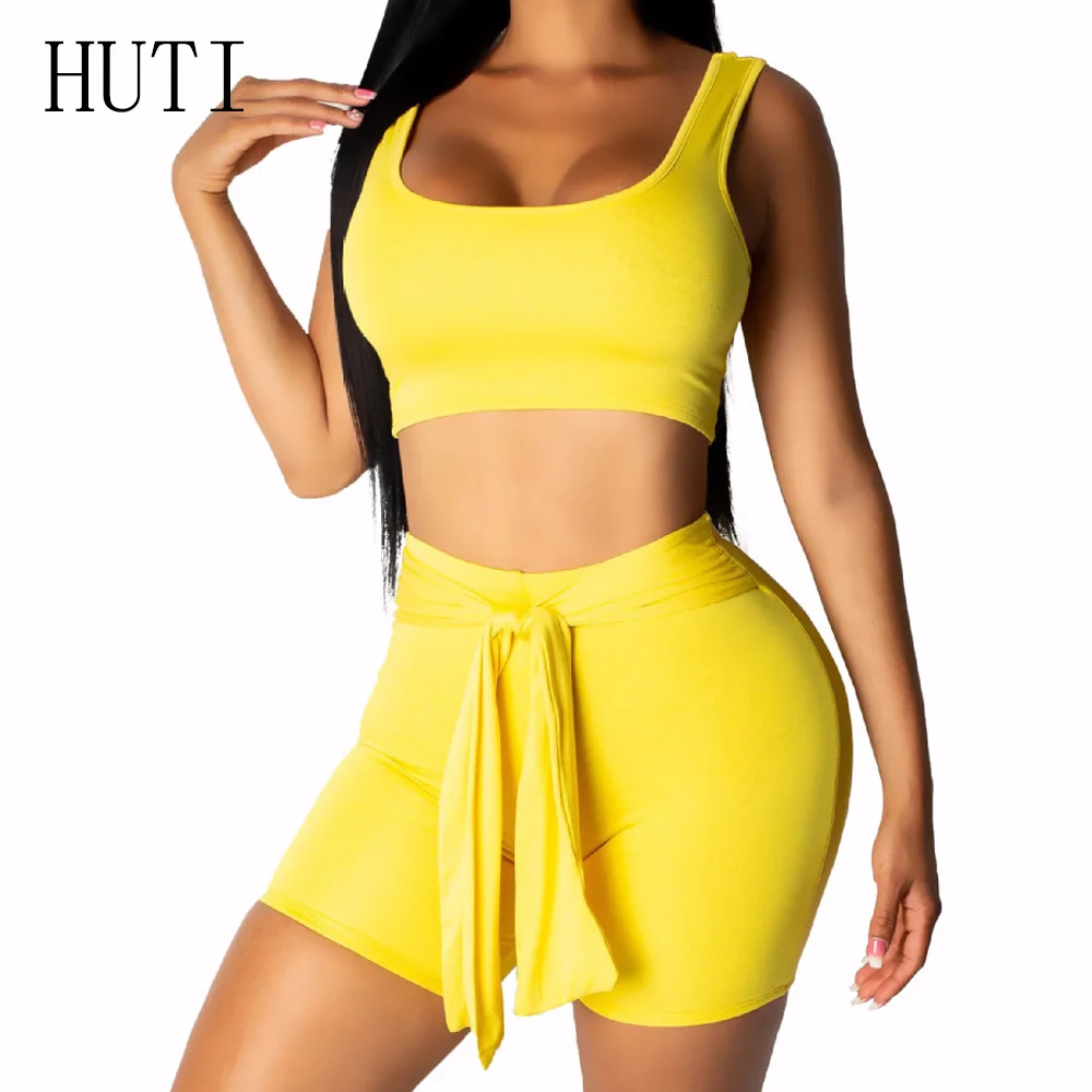 

HUTI Casual Sports Suit Two Pieces Sleeveless Top and Tie-up Short Pants Summer Bodycon Bandage Palysuits Sexy Club Outfits