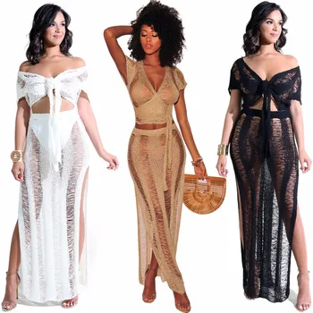 

2PCS/Set Sexy Crochet Swimsuit Cover Up Hollow Out Knitted Swimwear Cover Ups Beach Dress Night Club Wear