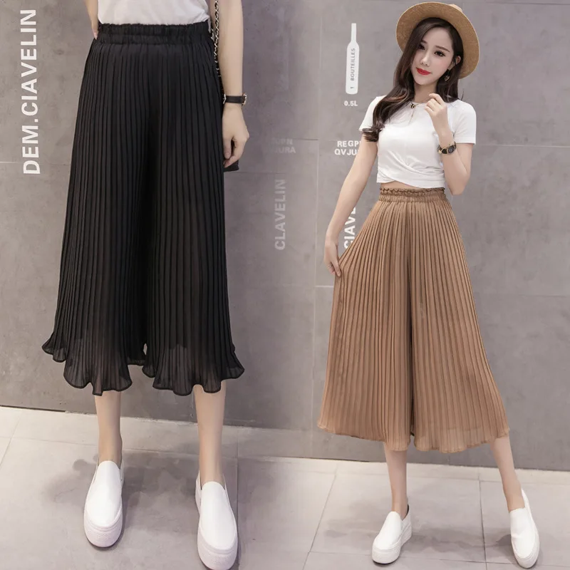 

new leisure nine points pleated chiffon pants black fungus falbala straight wide-legged pants elastic waist is female