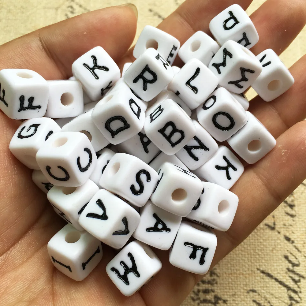 

Wholesale 500g 350pcs 12MM Acrylic Cube Letters Beads White with Black Printing 3D Square Alphabet Initial Jewelry Beads for DIY