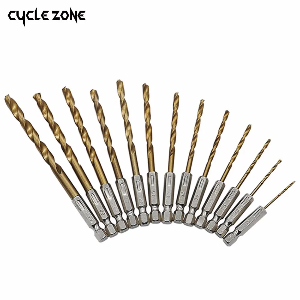 13 piece titanium coated hex drill bit set tailles 1//4 /" 6mm tige 1.5-6.5 mm