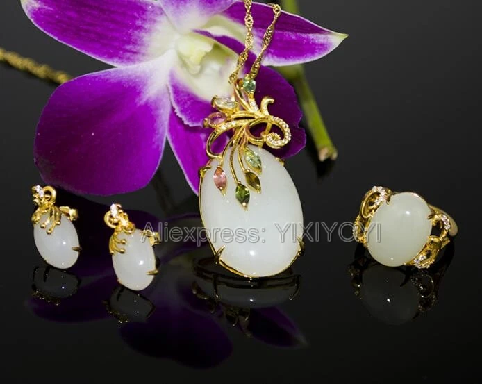 

925 Silver Natural White White HeTian Jade Beads Inlay Gorgeous Dangle Lucky Pendant Necklace Earring Ring Woman's Jewelry Set