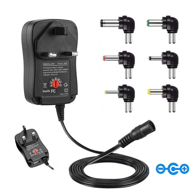 

110V 220V Smart Charger 30W 3V-12V Universal Charger AC/DC Adapter Power Supply with 6 Plug and USB Port 5V 2.1 US/EU/UK Plug