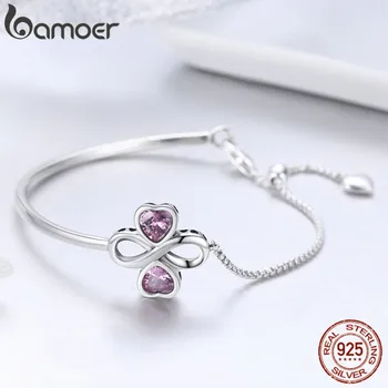 

BAMOER Heart Crystal Bracelet Genuine 925 Sterling Silver Pink Cubic Zirconia Infinity Dream Catcher Bangle Valentine's Gift