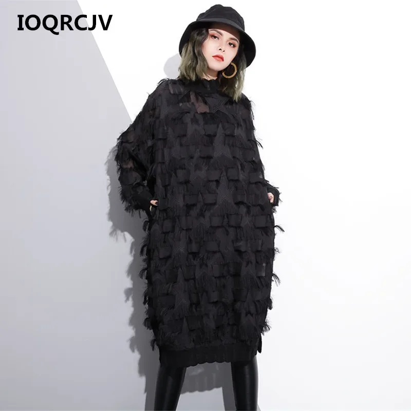 

IOQRCJV Lace Midi Dresses Women Tassel Elegant Dress Vintage Long-sleeve Black Sexy Mesh Female Loose Dress Vestido Top L136
