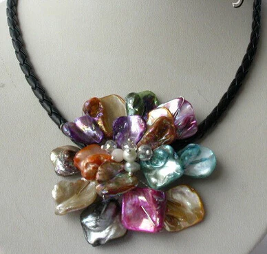 

classic baroque Brown freshwater pearl shell flower leather necklace AAA style Fine Noble real Natural free shipping