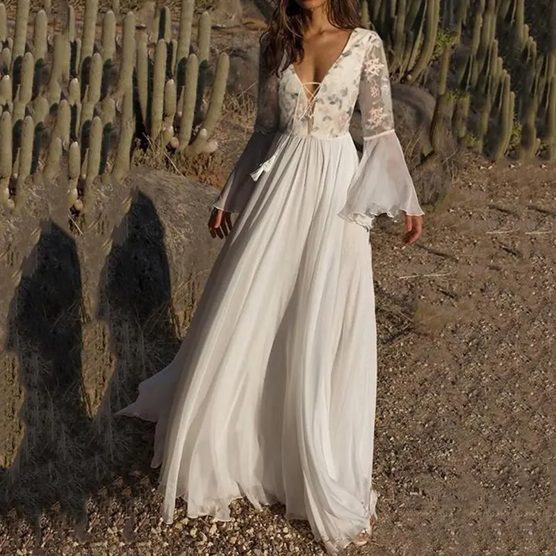 

Sexy Deep V White Long Dress Elegant Women Boho Floral Mesh See Through Flare Sleeve Summer Lace Up Pleated Beach Maxi Dresses