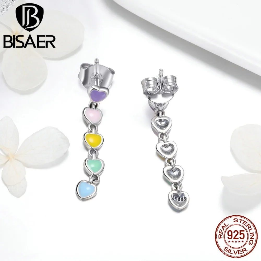 BISAER простое 925 пробы Серебряное прозрачное разноцветное сердце «любовь» серьги в форме капель и кольца на палец для женщин ювелирные наборы HPS085